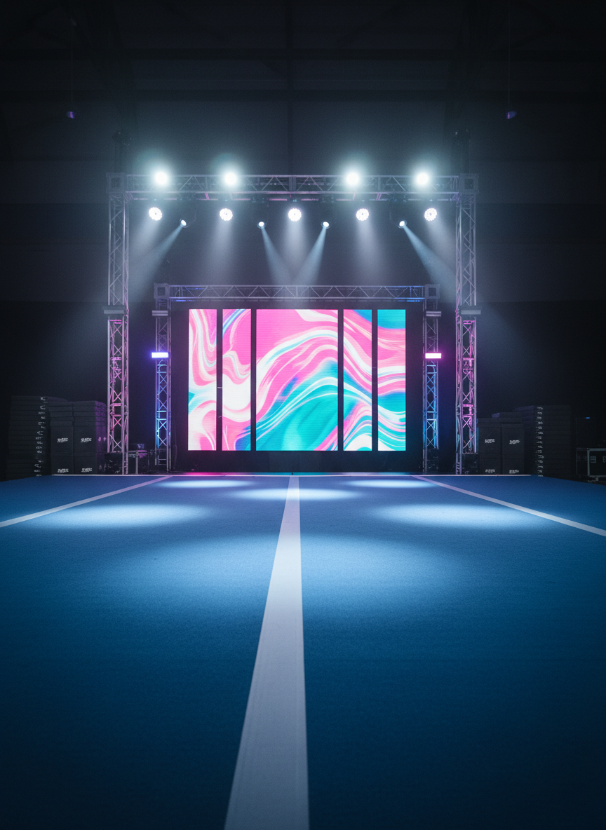 A vibrant cheerleading competition stage captured in photographic realism, viewed from the front at a slightly low angle to emphasize scale. A wide, deep-blue performance mat stretches toward the viewer, its dense foam texture and finely stitched seams clearly visible. At the back, a towering truss structure supports an array of LED panels displaying bold, abstract patterns in electric pink, teal, and white. Powerful white spotlights from above create crisp pools of light across the mat, while colored side lights wash the truss in saturated hues. On either side, neatly aligned safety mats and equipment boxes underscore professional organization. Light haze in the air catches the beams, adding drama. The overall atmosphere is energetic, modern, and bold, evoking the thrill of high-level cheer competitions without showing any people.