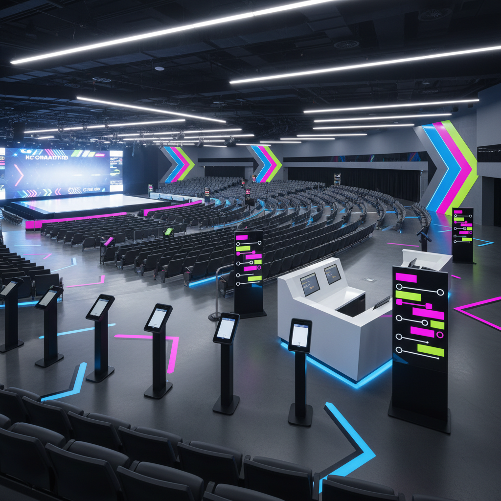 A dynamic, photographic realism image of a modern spectator zone at a dance and cheerleading competition, intentionally shown without people. Rows of sleek, dark seats curve around a central, brightly lit performance floor in the distance. Between seat sections, wide aisles and clear directional signage are suggested through arrows and icons rather than text. In the foreground, a minimalist kiosk area features digital ticket scanners, a glossy information counter, and free-standing displays showing abstract schedules represented by colored blocks and timelines instead of words. Cool white overhead lighting mixes with vibrant colored accent lights that echo the arena’s branding colors, creating a bold yet welcoming atmosphere. Shot from an elevated side angle, the composition leads the eye from the entry zone down toward the stage, communicating seamless spectator experience and event professionalism.