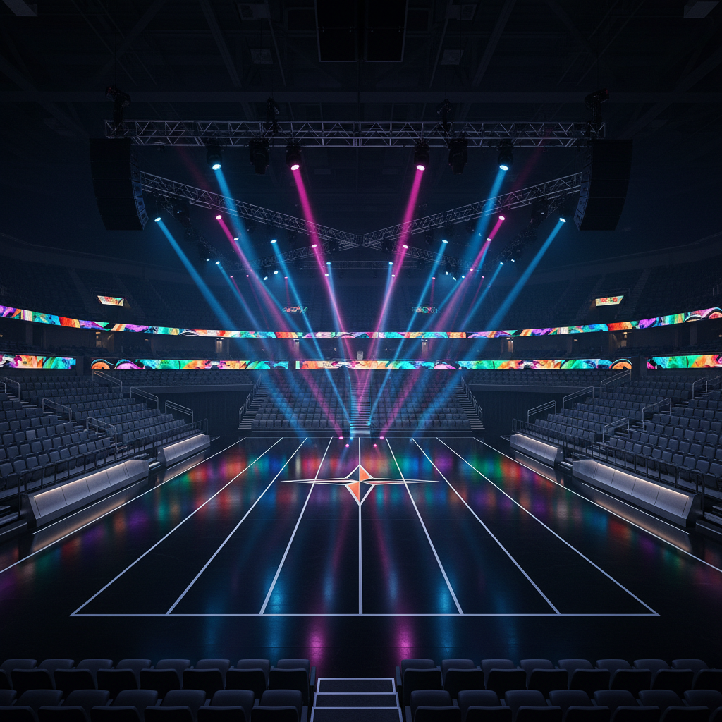 A dramatic competitive dance arena viewed from a slightly elevated, wide-angle perspective, photographed in sharp, realistic detail. At center stage, a large glossy black dance floor gleams under intersecting beams of vivid blue and magenta spotlights, with crisp lane markings and a central emblem-like geometric pattern instead of text. Surrounding the floor, sleek metallic barricades and neatly arranged rows of dark upholstered seats fade into a soft bokeh. LED panels along the perimeter glow with abstract motion graphics in bold colors. The overhead rigging, speakers, and light trusses are sharply defined, emphasizing professional production quality. The lighting is high-contrast and theatrical, casting precise reflections across the floor, creating an atmosphere that feels intense, bold, and high-stakes, perfect for showcasing elite dance and cheer competitions.