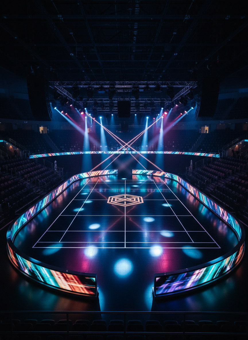 A dramatic competitive dance arena viewed from a slightly elevated, wide-angle perspective, photographed in sharp, realistic detail. At center stage, a large glossy black dance floor gleams under intersecting beams of vivid blue and magenta spotlights, with crisp lane markings and a central emblem-like geometric pattern instead of text. Surrounding the floor, sleek metallic barricades and neatly arranged rows of dark upholstered seats fade into a soft bokeh. LED panels along the perimeter glow with abstract motion graphics in bold colors. The overhead rigging, speakers, and light trusses are sharply defined, emphasizing professional production quality. The lighting is high-contrast and theatrical, casting precise reflections across the floor, creating an atmosphere that feels intense, bold, and high-stakes, perfect for showcasing elite dance and cheer competitions.