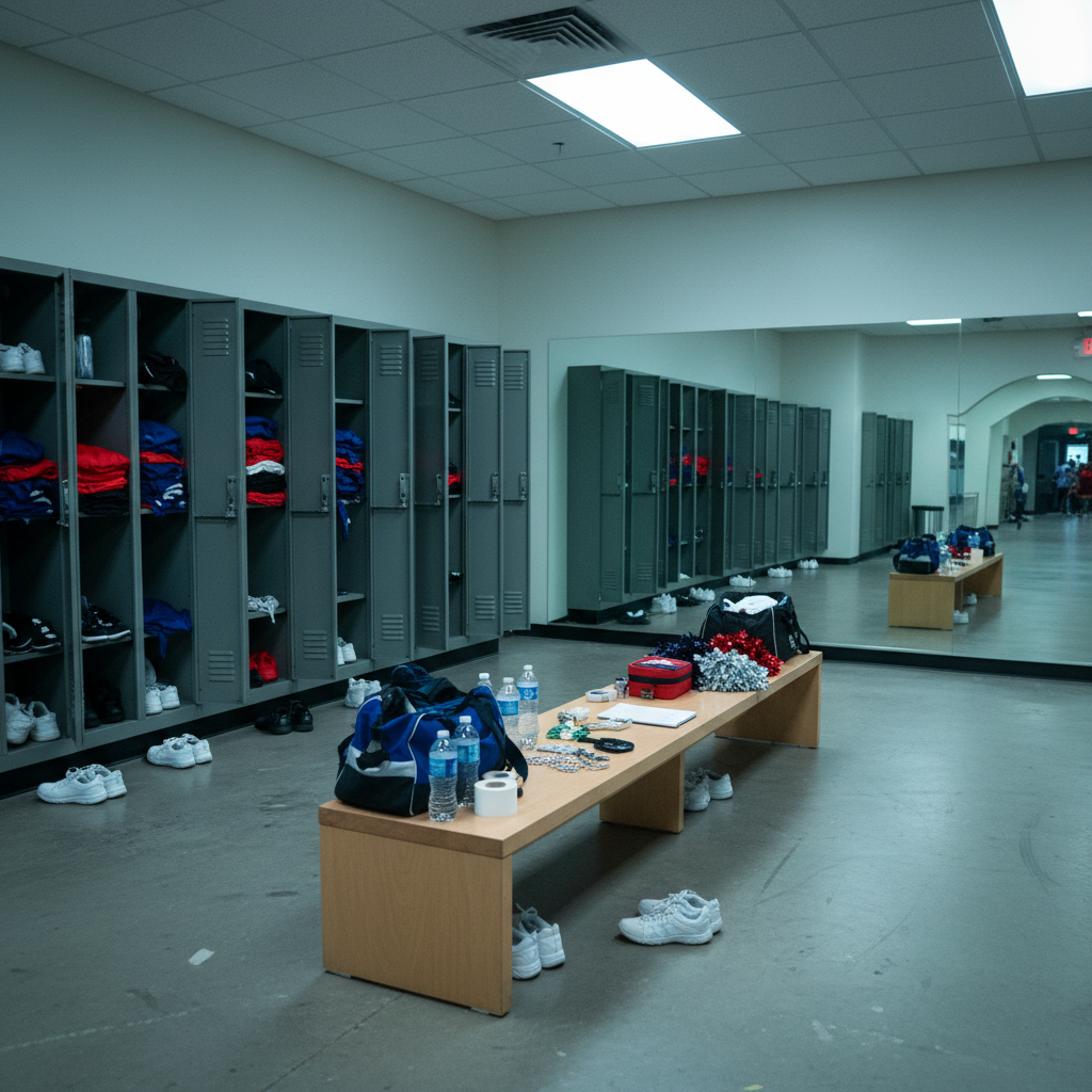 A cinematic, photographic image capturing the preparation zone for athletes at a dance and cheerleading competition, carefully depicted without any people. Open metallic lockers with vents line one wall, some containing neatly folded uniforms in vivid blues, reds, and blacks, along with carefully stacked practice shoes and glittering accessories. In the center, a long bench of smooth, light wood holds water bottles, rolled athletic tape, and a few open duffel bags displaying neatly organized gear. The concrete floor is clean with subtle scuff marks hinting at heavy use. Overhead fluorescent lights create bright, even illumination, casting soft shadows and emphasizing textures. A large mirror along one side reflects the room and the abstract hint of the distant arena entrance. The mood is focused and anticipatory, conveying the high-performance environment just before competition.