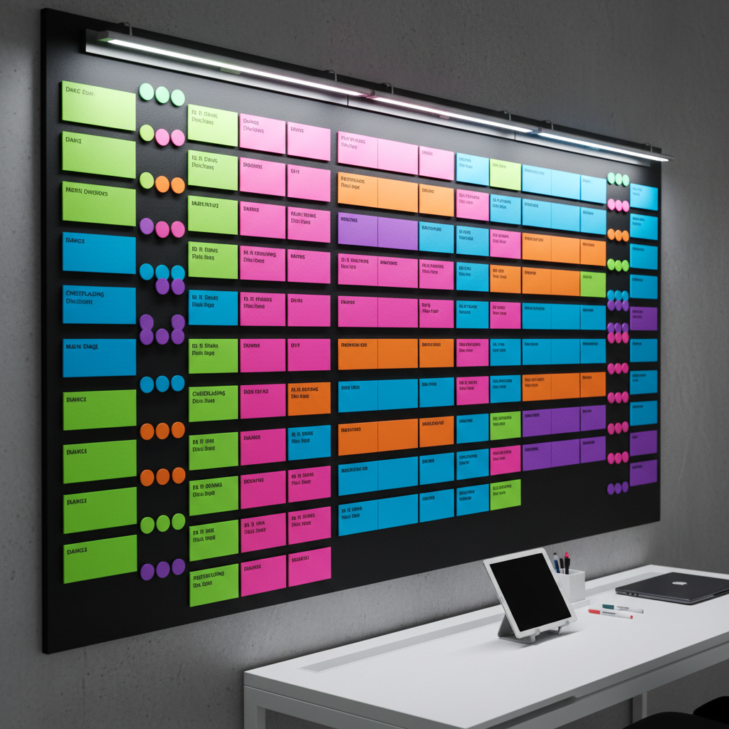 A bold, photographic realism shot of a scheduling and planning wall for a major dance and cheerleading championship. A large, matte black magnetic board dominates the frame, covered with color-coded cards and circular markers arranged in a complex grid symbolizing event timelines, divisions, and stages, all without any readable text. Each card’s surface has subtle texture and distinctive colors like neon green, hot pink, and electric blue, standing out against the dark background. Slim metallic rails and clip-on LED strip lights illuminate the board from above, creating crisp highlights and soft shadows. A sleek tablet and closed laptop rest on a nearby minimalist white desk, hinting at digital coordination. Captured from a three-quarter angle with shallow depth of field, the image feels strategic, organized, and modern, emphasizing expert event planning and schedule management.